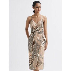 REISS Rosie Animal Print Belted Woven Midi Dress Brown Womens Size 2